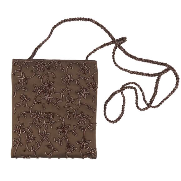 Franchi Beaded Crossbody Brown Satin Beaded Strap Inner Pocket Lined Small - Picture 1 of 11